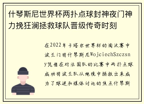 什琴斯尼世界杯两扑点球封神夜门神力挽狂澜拯救球队晋级传奇时刻 什琴斯尼世界杯两扑点球封神夜门神力挽狂澜拯救球队晋级传奇时刻